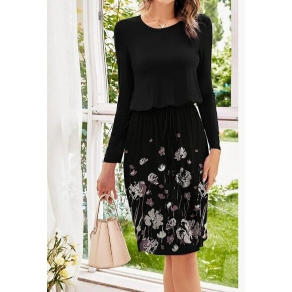 Black Floral Womens Midi Dress With Drawstring Waist Size Med Career Dinner - Picture 2 of 11